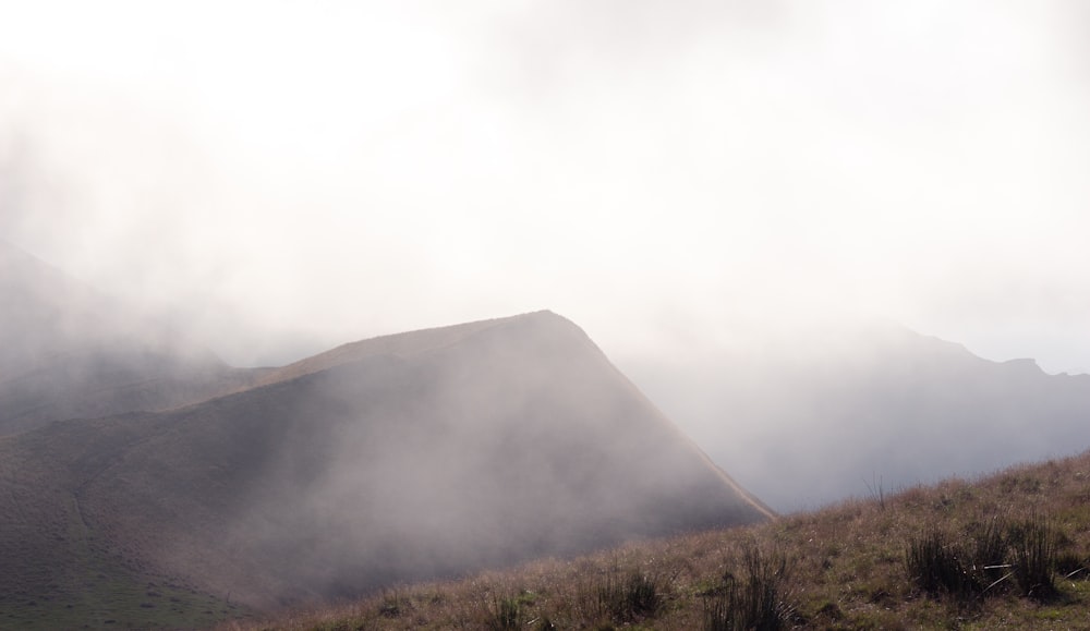 a hill covered in fog on a cloudy day