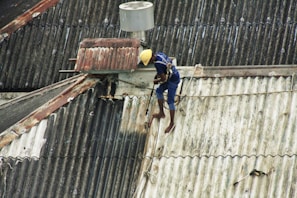 A person is working on a corrugated metal roof, wearing a harness for safety. They appear to be engaged in some kind of maintenance or repair work, holding equipment or tools. The roof is weathered and shows patches of rust and wear.