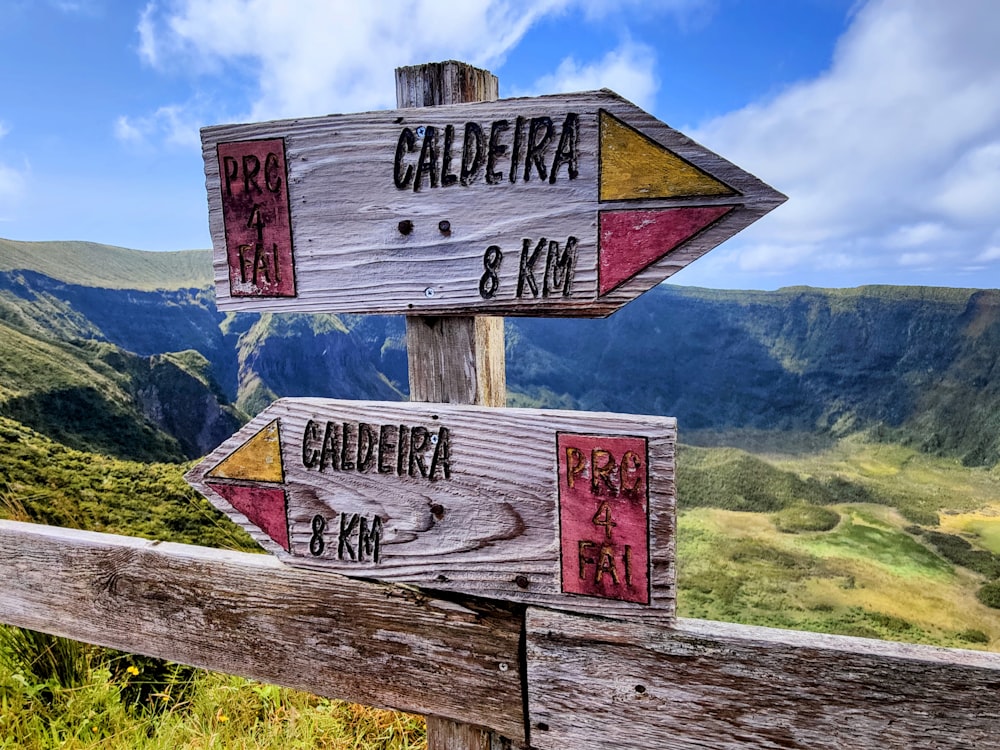 two wooden signs pointing in opposite directions on a mountain