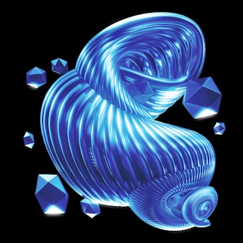 A futuristic and abstract design featuring a twisting, glowing structure with a glossy surface. Several geometric shapes, resembling faceted gems, float around it. The background is completely black, emphasizing the luminous blue and cyan hues of the central form and surrounding objects.