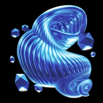 A futuristic and abstract design featuring a twisting, glowing structure with a glossy surface. Several geometric shapes, resembling faceted gems, float around it. The background is completely black, emphasizing the luminous blue and cyan hues of the central form and surrounding objects.