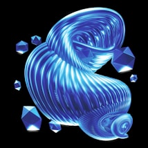 A futuristic and abstract design featuring a twisting, glowing structure with a glossy surface. Several geometric shapes, resembling faceted gems, float around it. The background is completely black, emphasizing the luminous blue and cyan hues of the central form and surrounding objects.
