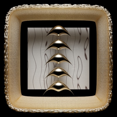 An abstract graphic design featuring geometric shapes in gold.