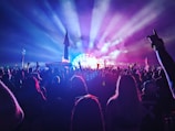 A large crowd of people enjoying a concert or music festival at night. Colorful stage lights beam outwards from the stage, creating a vibrant and energetic atmosphere. Some attendees are holding flags or banners and are silhouetted against the lights.