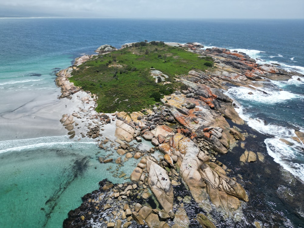 an aerial view of a rocky coastline with a green island in the middle