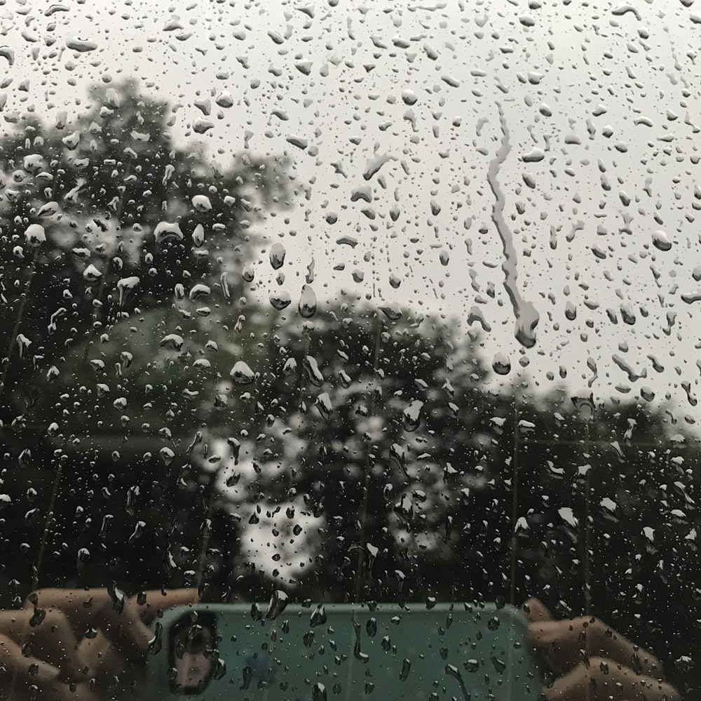 a rain covered window with trees in the background