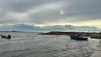 Fishing boats at sea during early morning light.