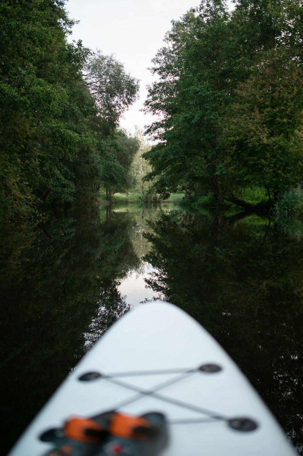 a view of the back of a kayak on a river