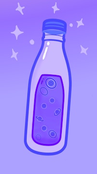 A stylized bottle with a blue cap and an abstract design. The design within the bottle features planetary symbols and circles, giving a cosmic theme. The background is a gradient of light to darker purple with star-like sparkles scattered throughout.