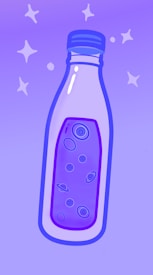 A stylized bottle with a blue cap and an abstract design. The design within the bottle features planetary symbols and circles, giving a cosmic theme. The background is a gradient of light to darker purple with star-like sparkles scattered throughout.