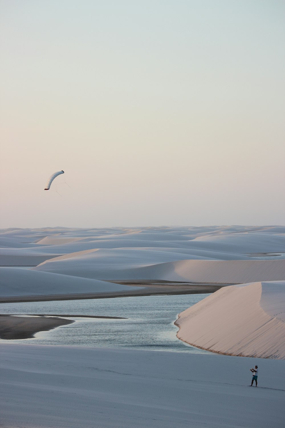 a person flying a kite in the middle of a desert