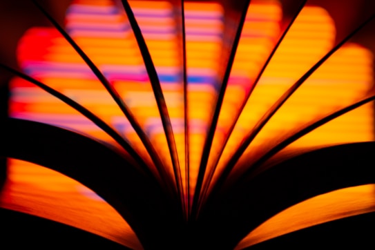 An abstract close-up of a book's pages fanned out against a vibrant, multicolored background. The pages create dark silhouettes that contrast with the orange, pink, and purple hues in the background, forming a visually striking pattern.