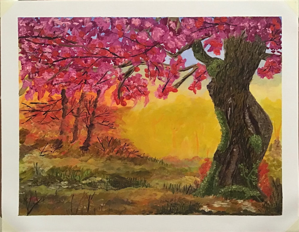 Una pintura de un árbol con flores rosadas