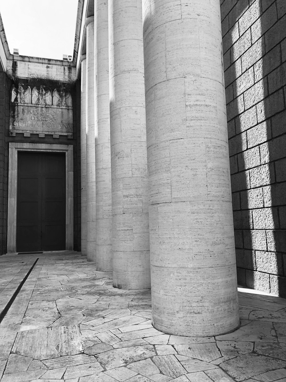 a black and white photo of columns and a door
