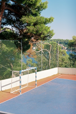 A small outdoor sports court with a blue surface and red borders, featuring a white and blue soccer goal. The court is surrounded by a net fence and overlooks a scenic view of lush green trees and a body of water in the background.