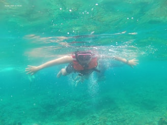 A person wearing a red life jacket and snorkeling gear is swimming underwater. The water is clear turquoise, allowing visibility of the seabed and surrounding waters.
