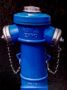 A blue fire hydrant with the words 'HAWLE EXPO' embossed on its upper section. The hydrant features metallic caps on either side connected by chains and a circular cover on top. The background shows a dark, blurred setting, suggesting an outdoor environment.