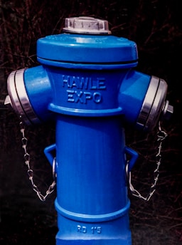 A blue fire hydrant with the words 'HAWLE EXPO' embossed on its upper section. The hydrant features metallic caps on either side connected by chains and a circular cover on top. The background shows a dark, blurred setting, suggesting an outdoor environment.