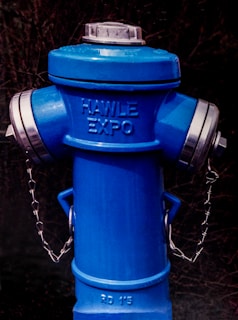 A blue fire hydrant with the words 'HAWLE EXPO' embossed on its upper section. The hydrant features metallic caps on either side connected by chains and a circular cover on top. The background shows a dark, blurred setting, suggesting an outdoor environment.