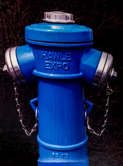 A blue fire hydrant with the words 'HAWLE EXPO' embossed on its upper section. The hydrant features metallic caps on either side connected by chains and a circular cover on top. The background shows a dark, blurred setting, suggesting an outdoor environment.