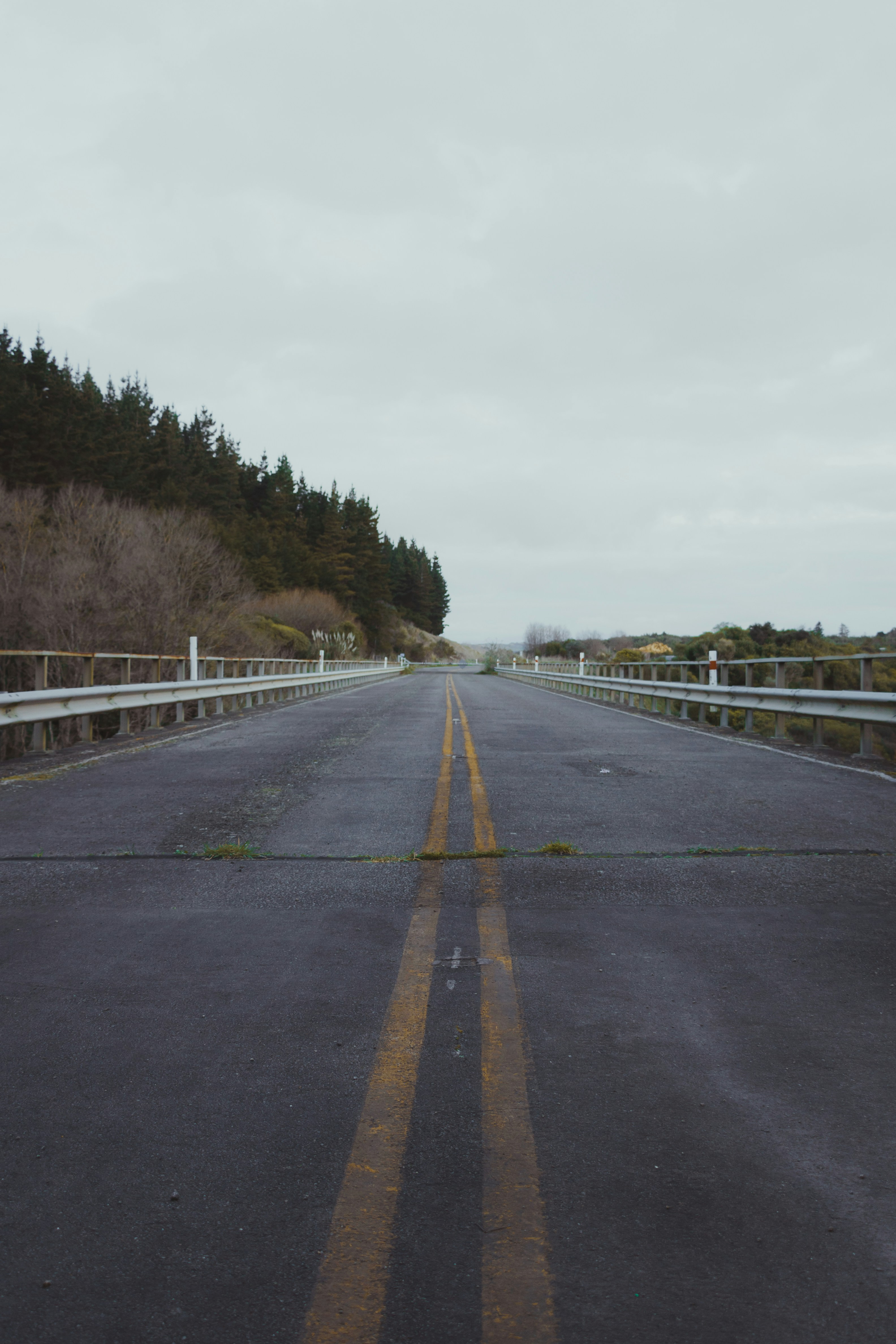 an empty road with a white fence and trees in the background