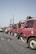 A row of parked red trucks is aligned along a street with a clear blue sky overhead. Some of the trucks have signs with text such as 'TERIMA' on them. There is a noticeable water puddle reflecting the trucks on the asphalt.
