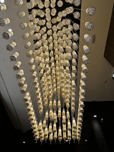 A large, intricate chandelier composed of numerous hanging light fixtures arranged in a circular pattern. The fixtures are connected to the ceiling with long cords, and each light has a metallic, lattice-like design. The lights emit a warm, golden glow, creating a sophisticated and elegant atmosphere.