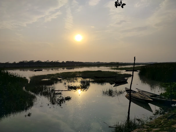 Sunset view over a calm Brazilian river with boats and nature in the background