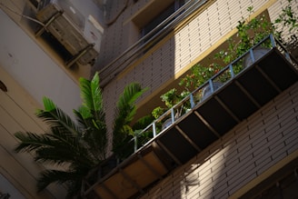 A balcony featuring a variety of plants with lush green foliage and red flowers. The structure is attached to a building with light-colored brick walls. Sunlight casts a shadow over part of the scene, and an air conditioning unit is mounted on the wall above.