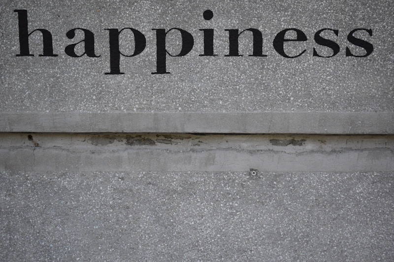 happiness sign on a city building