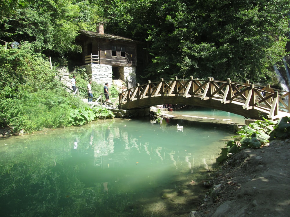 a bridge over a river with people standing on it