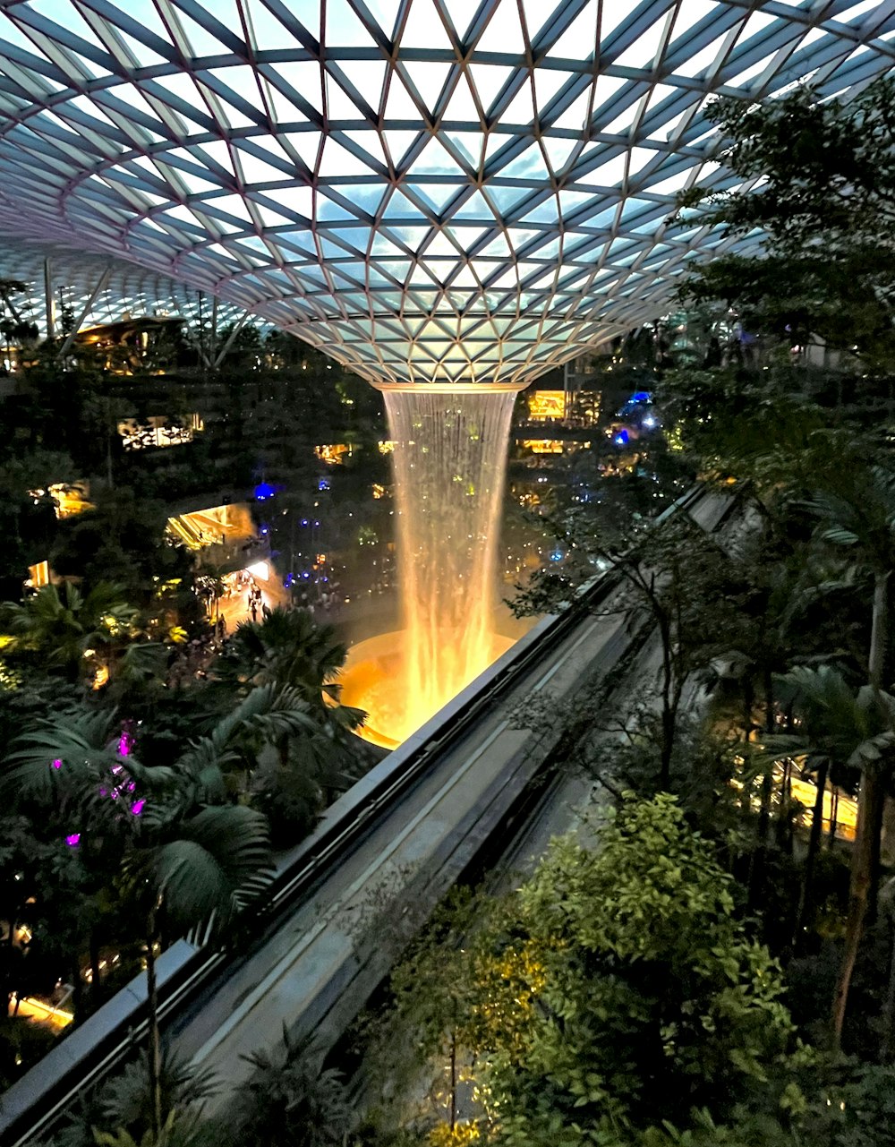 a view of the inside of a building with a fountain