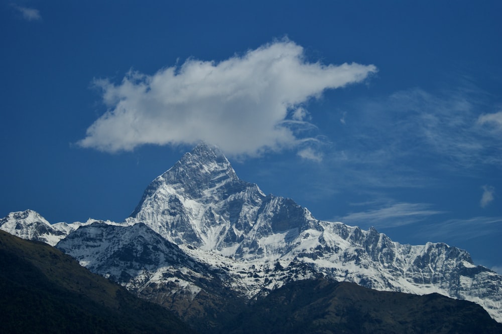 a snow covered mountain with a cloud in the sky