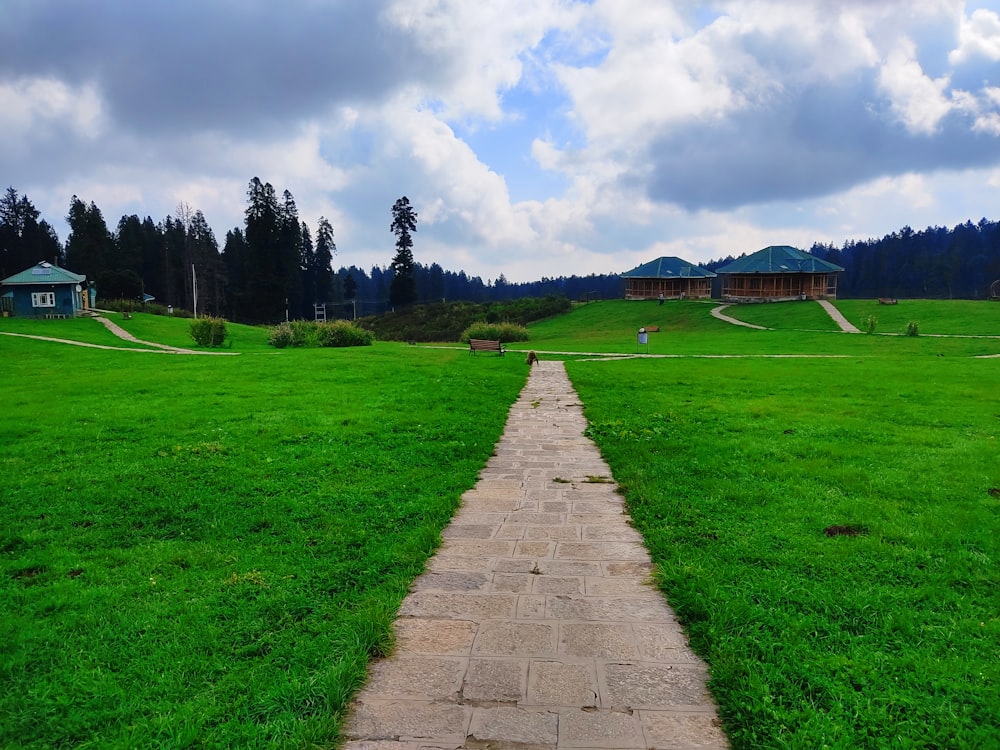 a path in a grassy field leading to a house