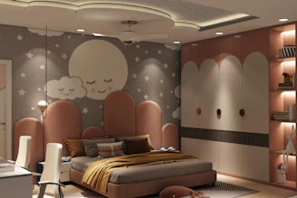 a bedroom with a large bed and a night stand