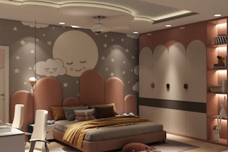 Illustration of a child tucked in bed under a glowing moon with whimsical stars.