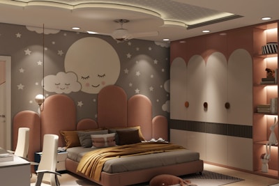 a bedroom with a large bed and a night stand