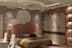 A cozy bedroom illuminated by the rotating star projector lamp casting colorful stars on the ceiling.