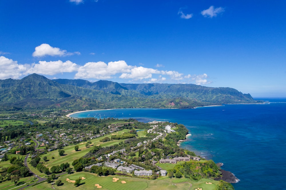 an aerial view of a golf course near the ocean