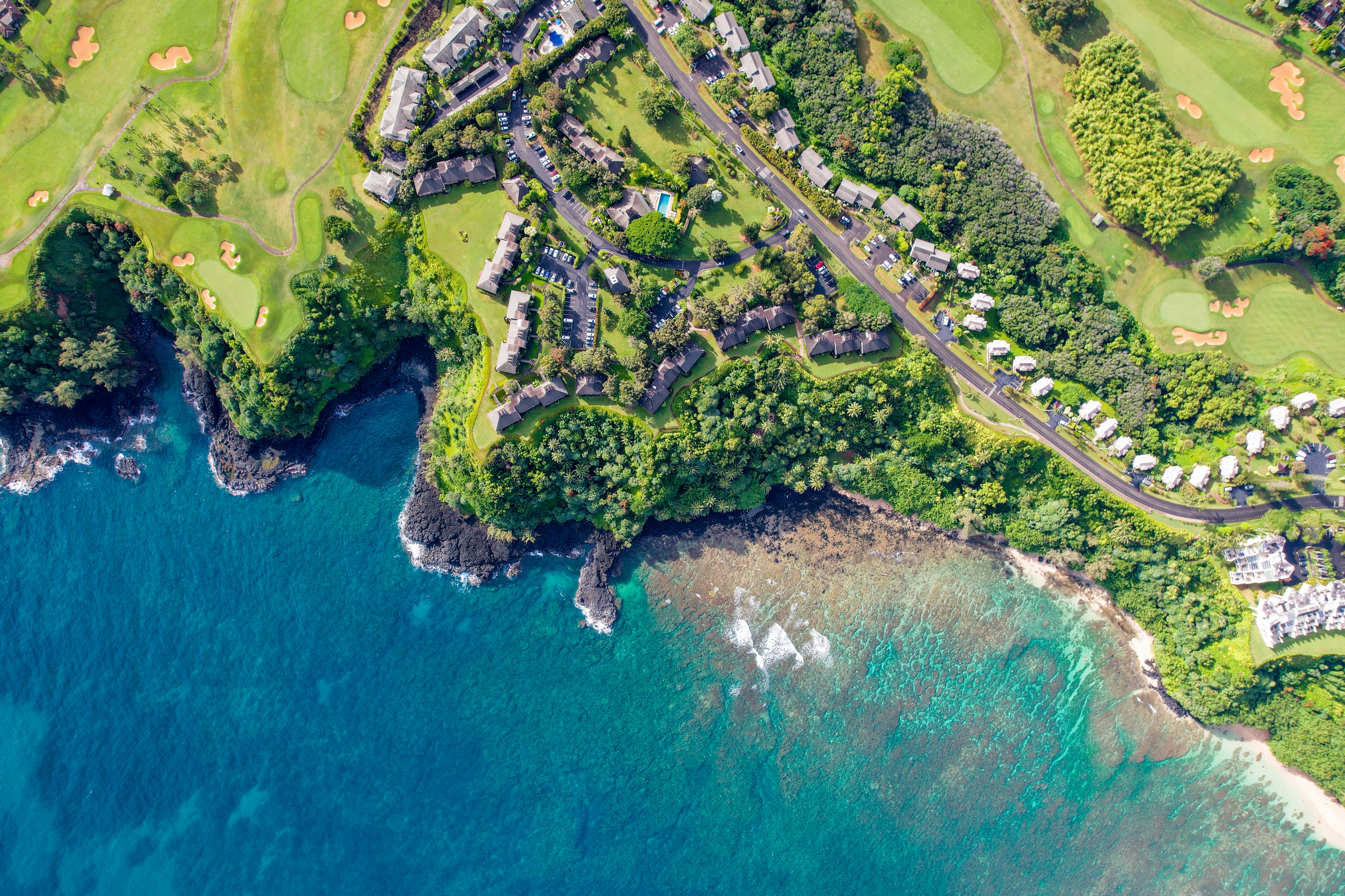 Aerial view of golf course near ocean