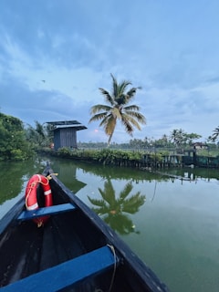 A serene canal with calm water reflecting a palm tree and a small structure. A canoe with a blue interior and a red lifebuoy on its edge is prominently in the foreground. Lush greenery lines the canal under a slightly overcast sky.
