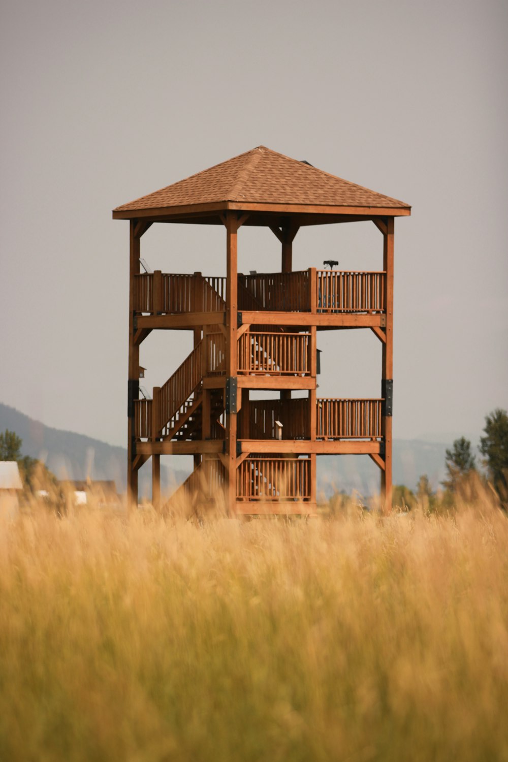 a wooden structure in a field with tall grass