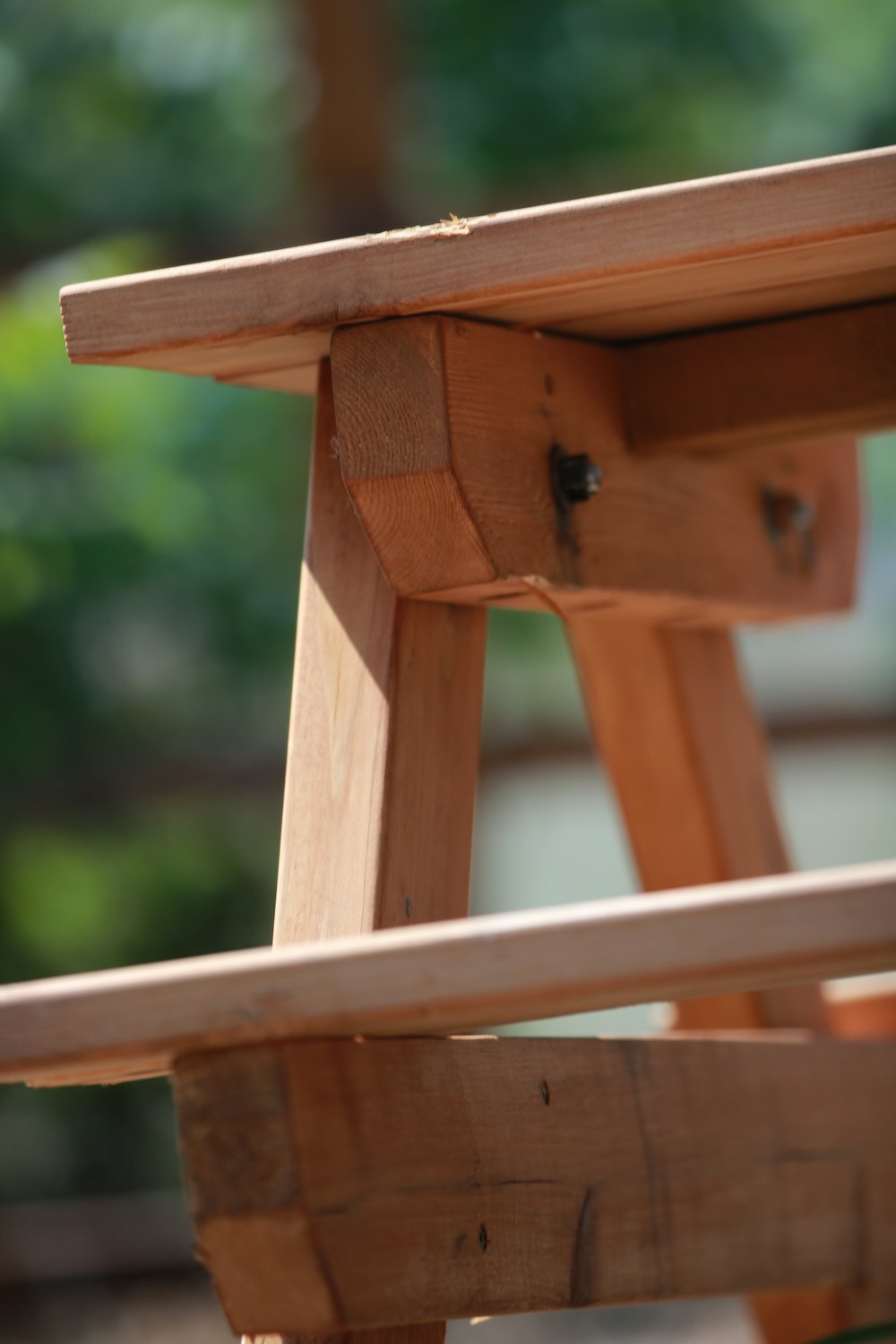a close up of a wooden bench with trees in the background