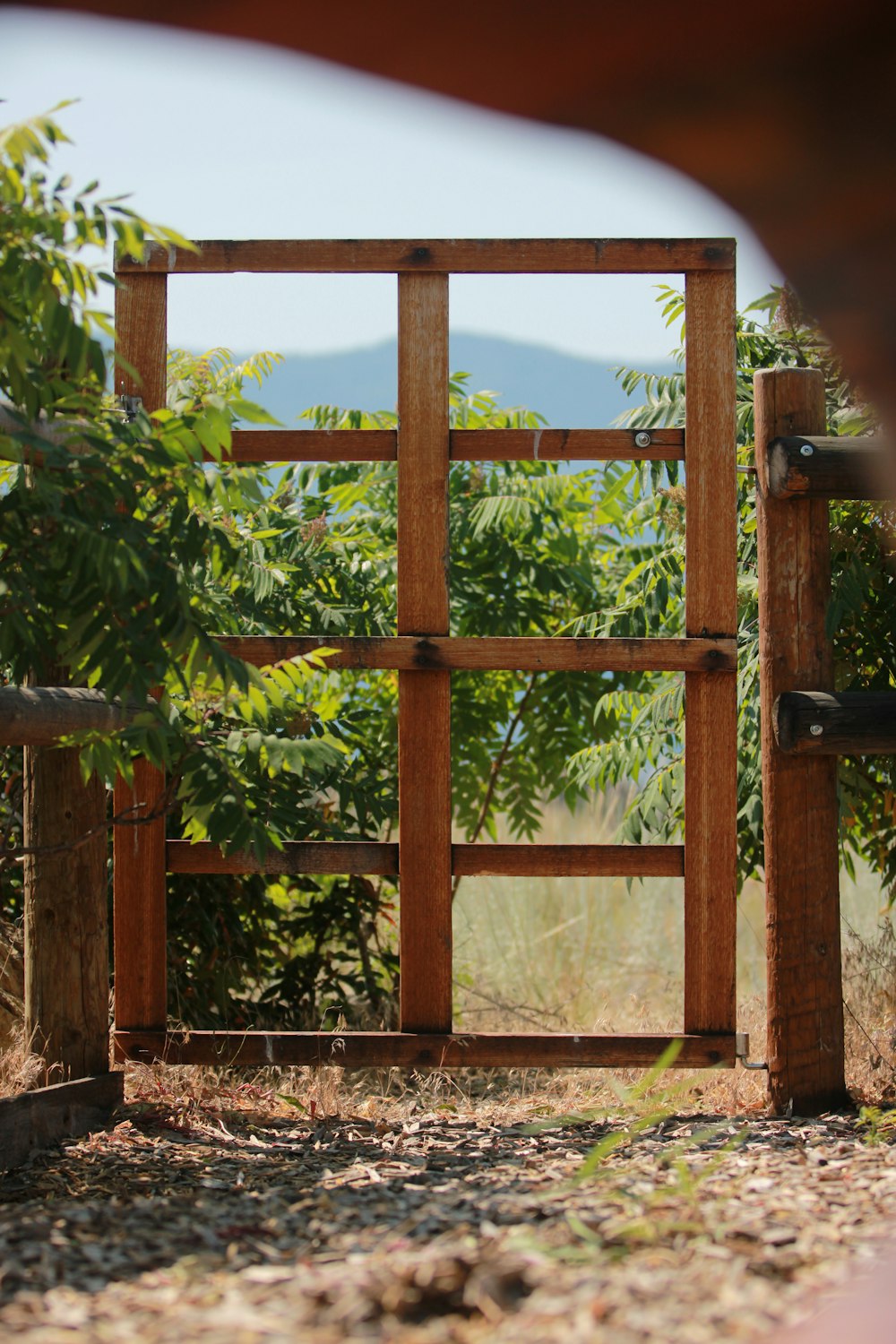 a wooden gate with a mountain in the background