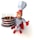 A cartoon superhero character dressed in a white and red outfit, complete with a cape and chef's hat, is holding a large chocolate cake adorned with colorful lit candles. The superhero is smiling and giving a thumbs-up gesture.