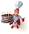 A cartoon superhero character dressed in a white and red outfit, complete with a cape and chef's hat, is holding a large chocolate cake adorned with colorful lit candles. The superhero is smiling and giving a thumbs-up gesture.