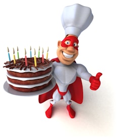 A cartoon superhero character dressed in a white and red outfit, complete with a cape and chef's hat, is holding a large chocolate cake adorned with colorful lit candles. The superhero is smiling and giving a thumbs-up gesture.