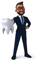 A cartoon character with glasses and a beard is wearing a formal blue suit and holding a large, exaggeratedly big tooth in his left hand while his right hand is placed on his waist. He appears to be smiling and looks confident.