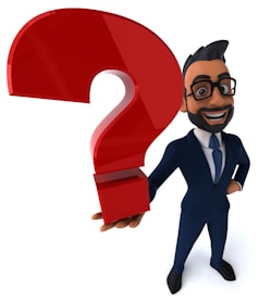 A 3D animated character in a business suit, with glasses and a beard, holds a large red question mark. The character has a cheerful expression and stands confidently.