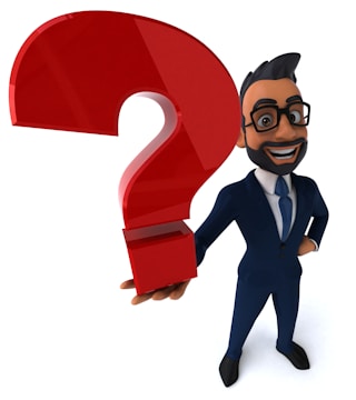 A 3D animated character in a business suit, with glasses and a beard, holds a large red question mark. The character has a cheerful expression and stands confidently.